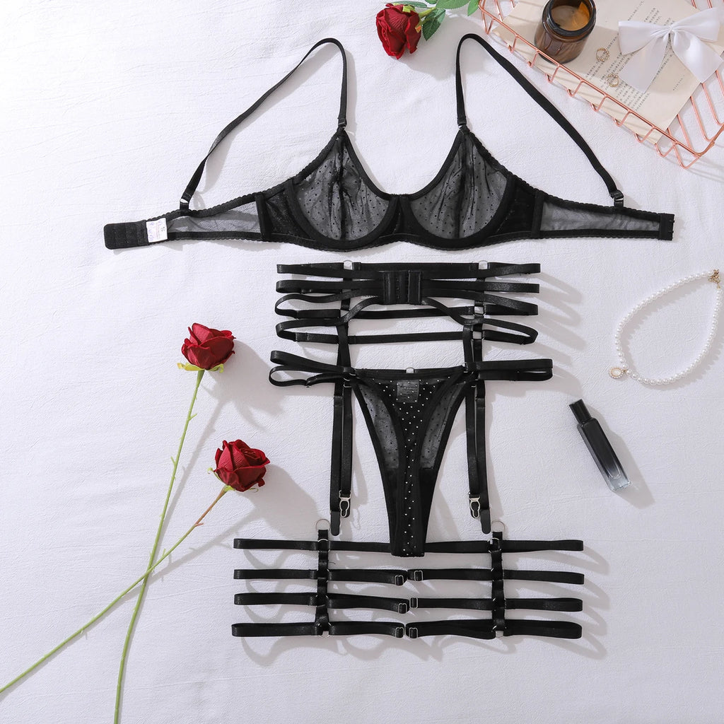 2025 New Product Complex Craftsmanship Bundle Hollow Body Shaping Comfortable Mesh Sexy Underwear Four Piece Set
