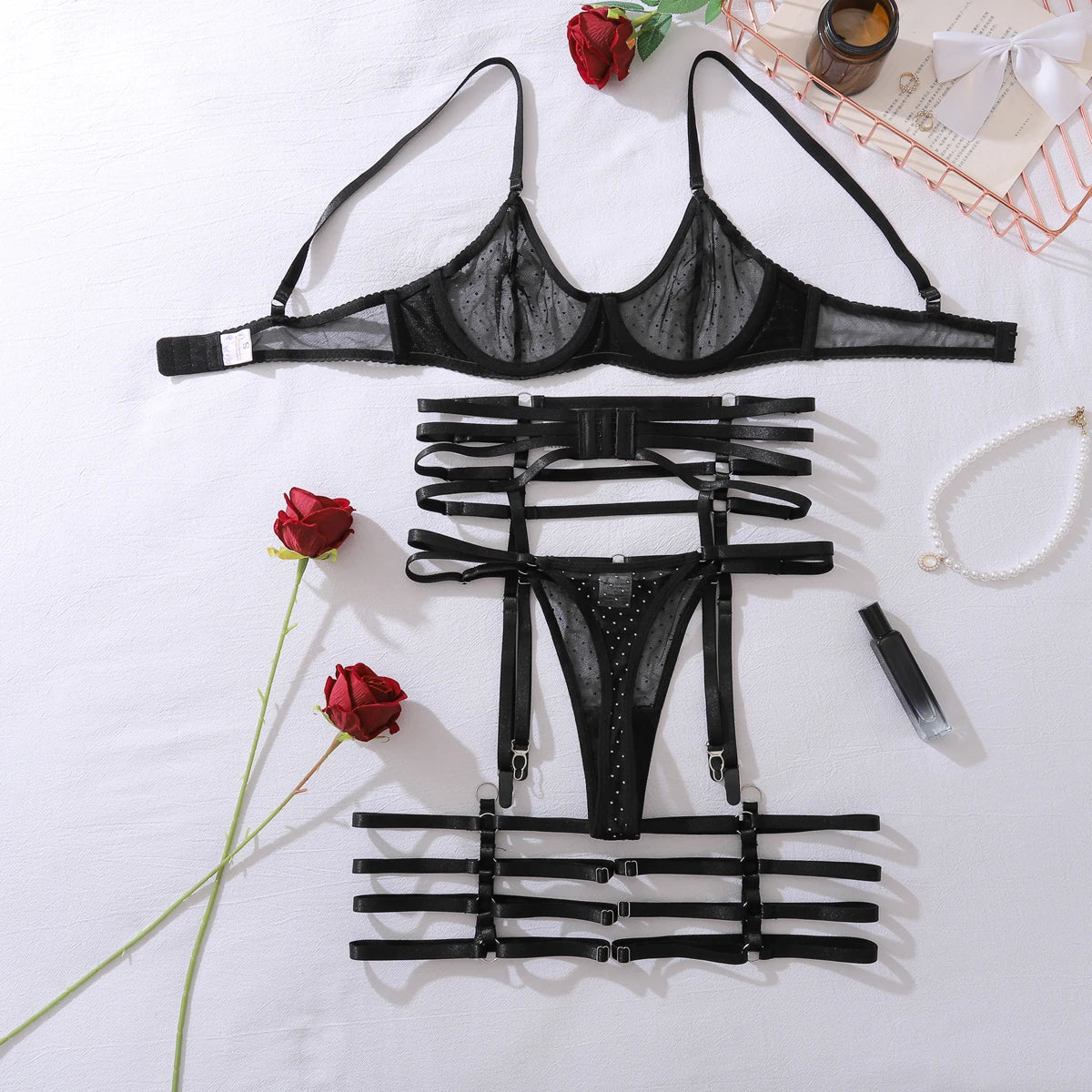 2025 New Product Complex Craftsmanship Bundle Hollow Body Shaping Comfortable Mesh Sexy Underwear Four Piece Set