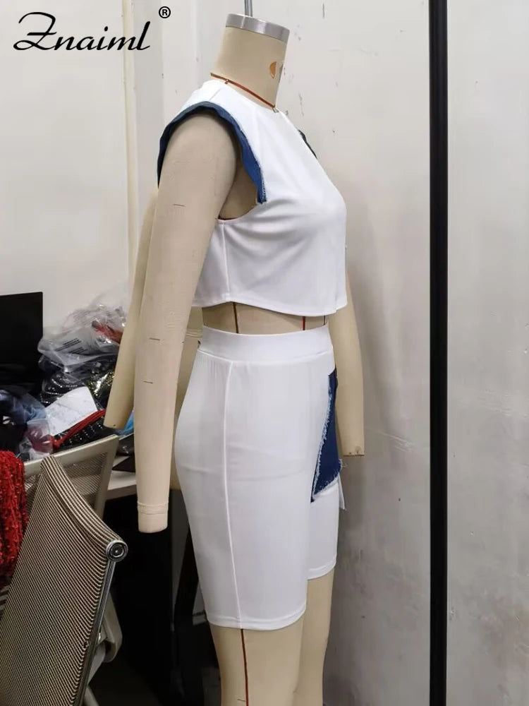 Znaiml O Neck T-Shirts Crop Top and Shorts 2 Piece Sets Denim Patchwork Outfits Women Fashion Streetwear Summer Sports Suits