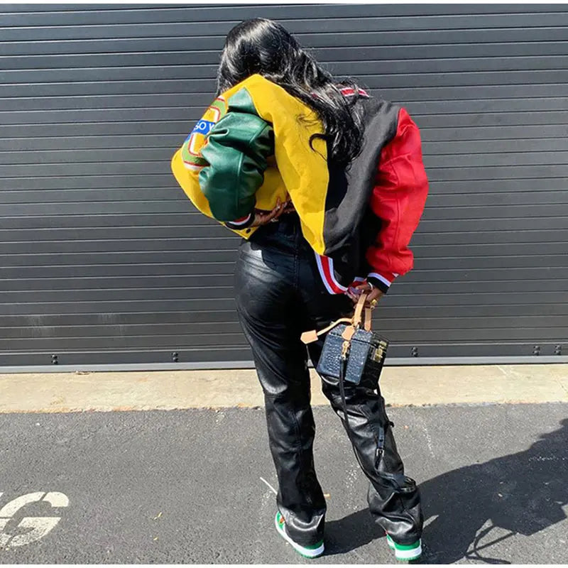 Women Patchwork Contrast Color Letter Embroidery Jackets 2025 Fashion Single Breasted Coat Female Full Sleeve Streetwear XS-4XL