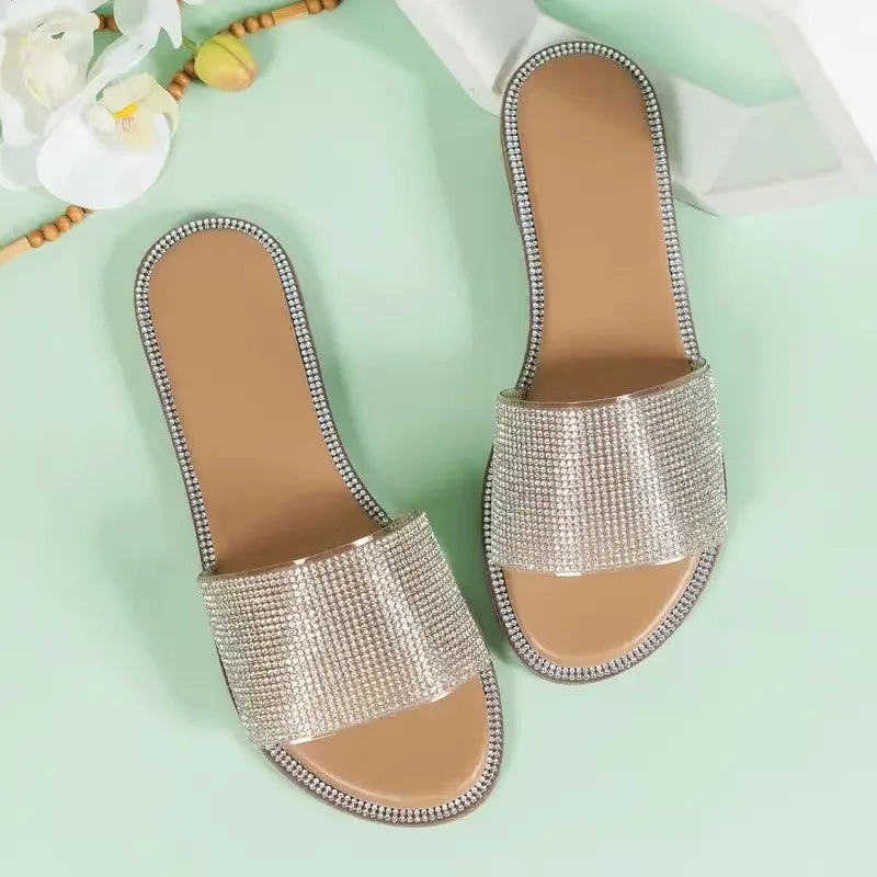 2024 New Shiny Rhinestone Fashion Ladies Slippers Outdoor Women Roman Shoes Flat Sandals Female Casual Beach Crystal Slides