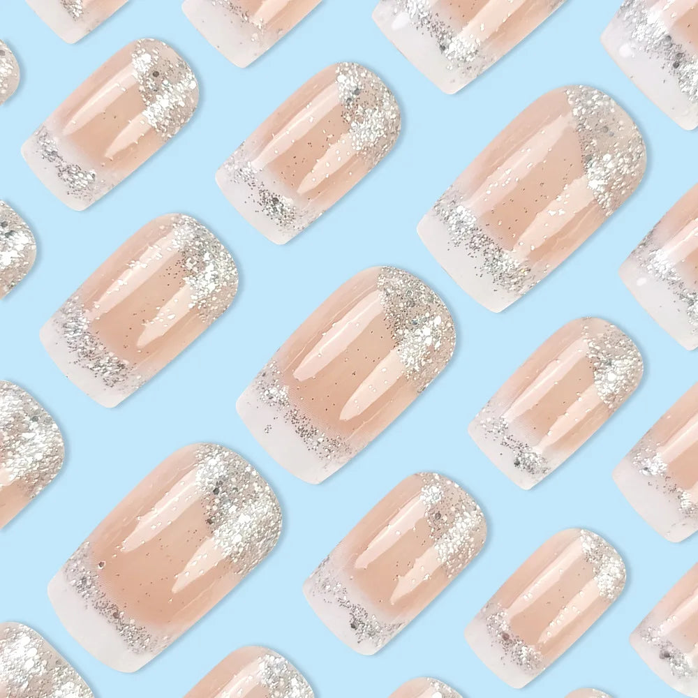 24pcs False Nails Sparkling White Edge French Nail Press on Nails Fake Nails DIY Manicure Detachable Nail Tips