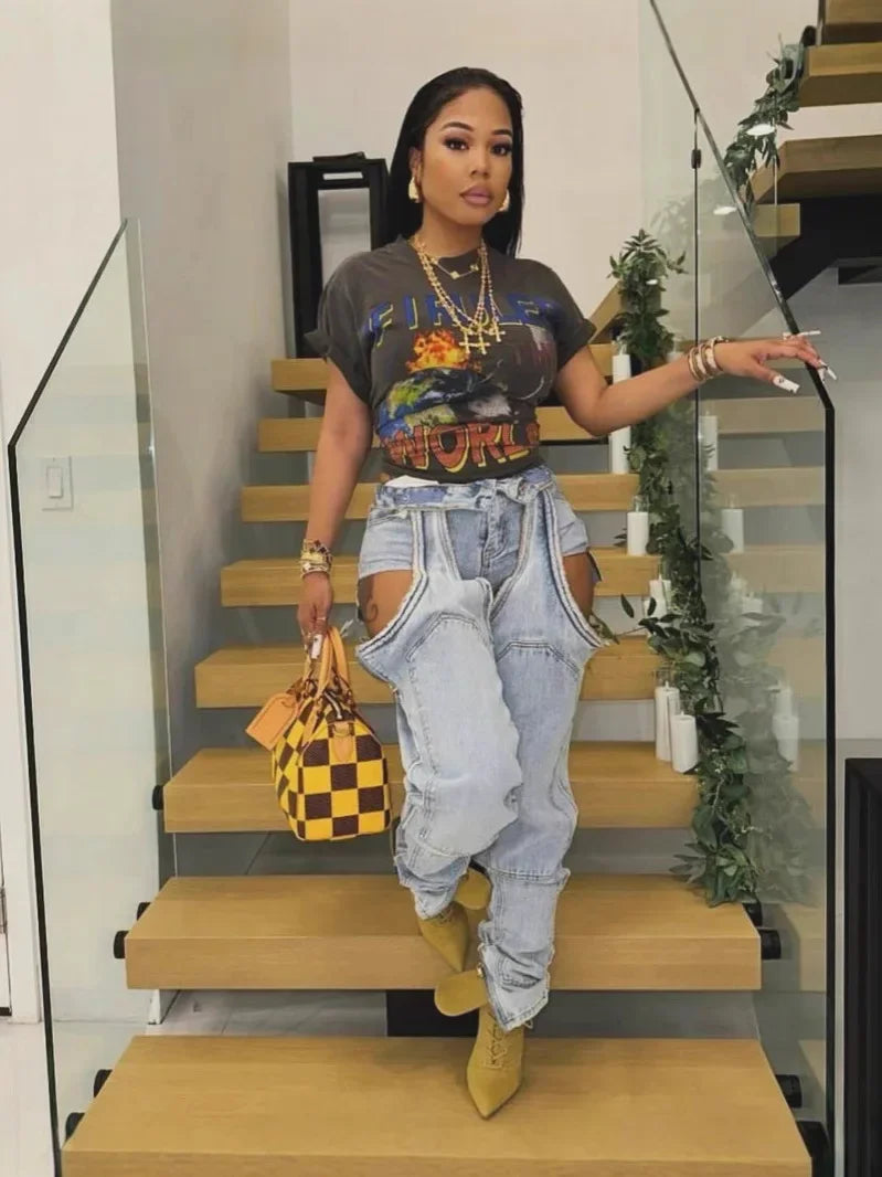 Mom Jeans Straight Pants Women Hollow Out Zipper High Strecth Pockets Irregular Denim Vintage Y2k 2025 Trousers Streetwear