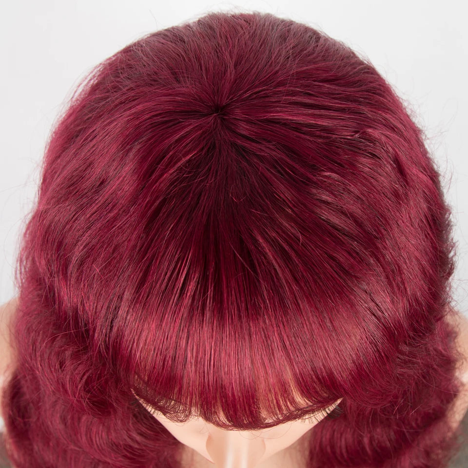 Lekker Burg Red Long Deep Wavy 100% Human Hair Wigs With Bangs For Women Brazilian Remy Hair Glueless Cosplay Colored Wigs