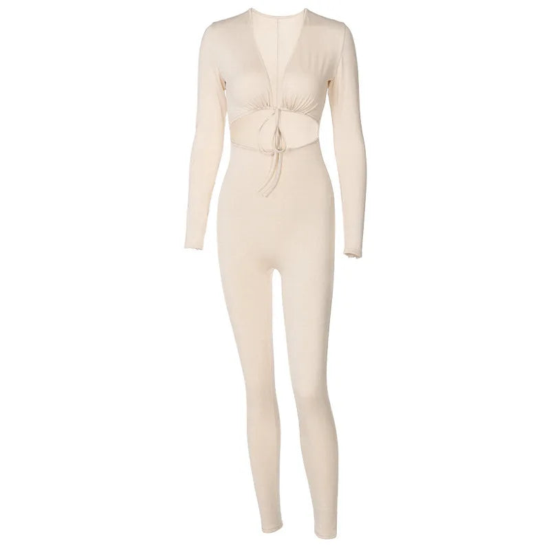 Summer Y2K Streetwear Women's Sexy Hollow Out Jumpsuits Bandage Tie Long Sleeve Bodycon Playsuits Women Clothes Gothic Rompers