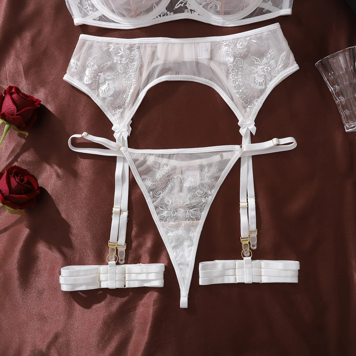 Diccvicc Floral Embroidery Lingerie See Through Lace Garter Underwear Woman Complete Set Extreme Sexy Intimate Kit Erotic Outfit