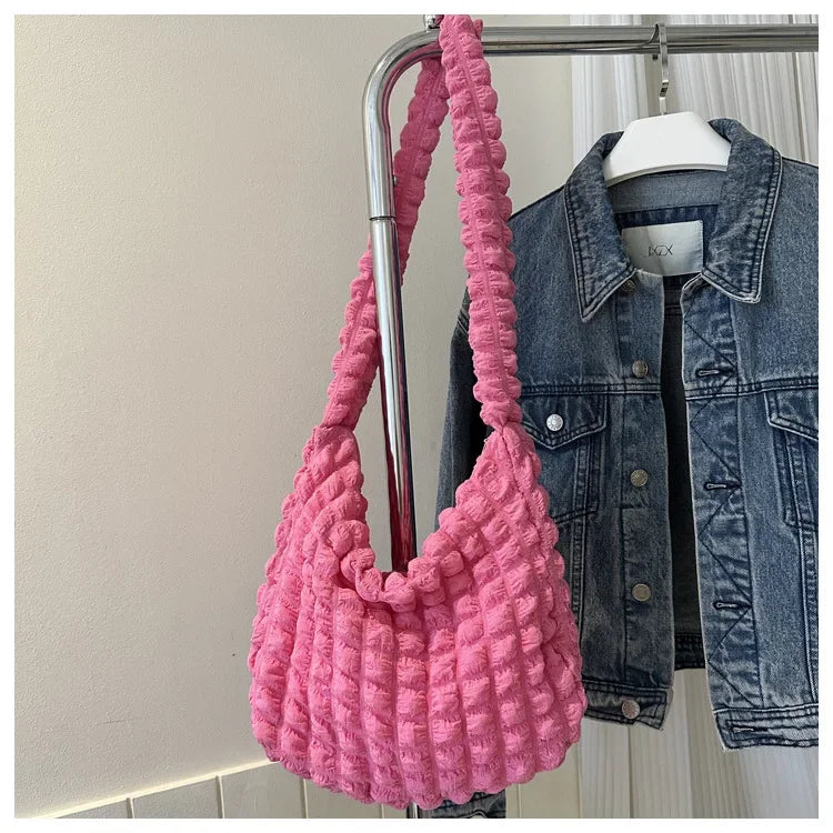 Fashion Pleated Design Shoulder Bag Cute Pleated Bubbles Solid Color Tote Bag Large Capacity Embroidered Satchel Bags Women