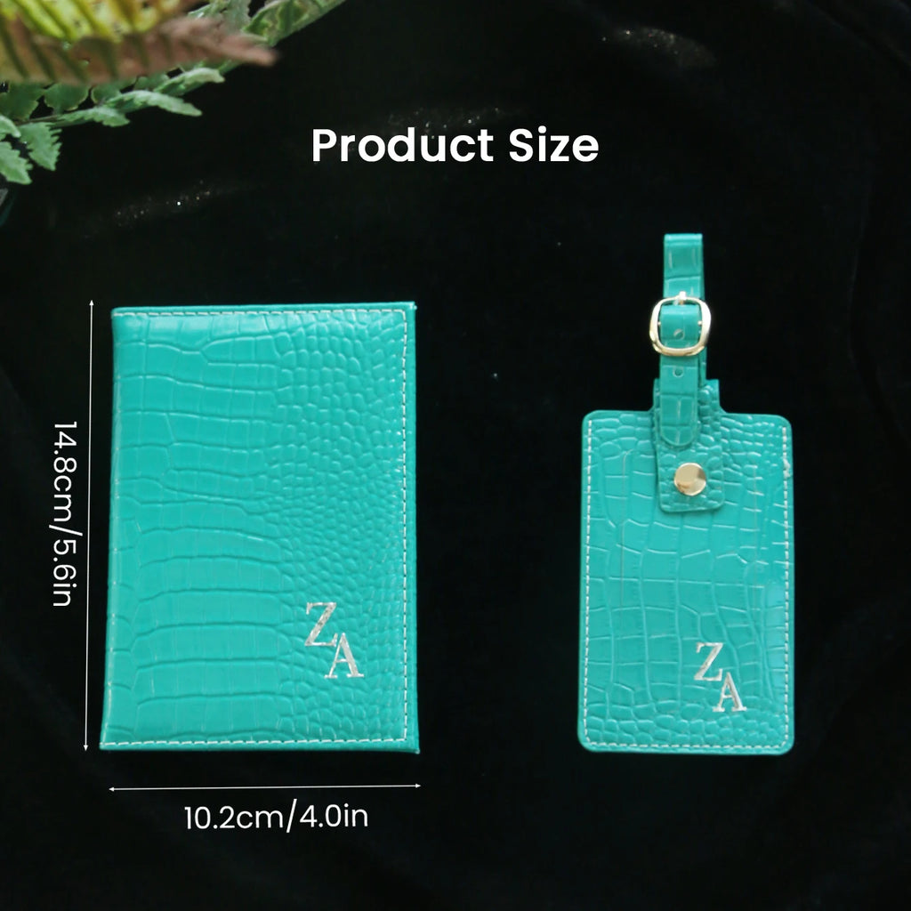Customized Initial Passport Holder & Luggage Tag Set Personalized Gold Silver Monogram Embossed Crocodile Leather Travel Gift