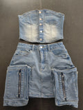 Y2k Fashion Vintage Washed Denim Set Women Off Shoulder Cropped Top Mini Skirt Jean Suit Summer Streetwear 2 Two Piece Outfits