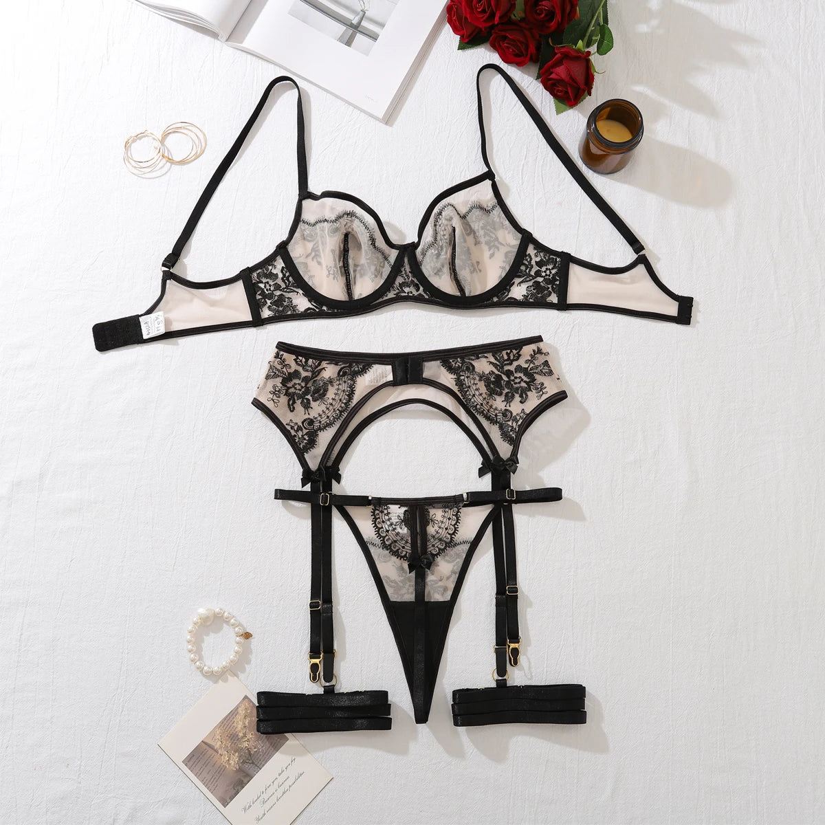MUZISKAT 4 Piece Set Flower Embroidery Underwear Set For Women Solid Color Mesh See-through Sexy Lace Garters Underwear Set New