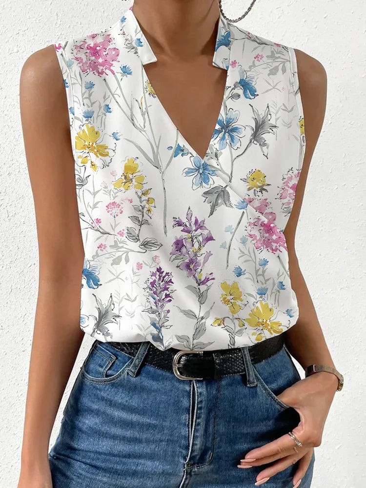 New Tees Women's 2024 Summer Slim V-neck Sexy Simple Style Printing T-shirts Sleeveless Vintage Casual Temperament Ladies Tops