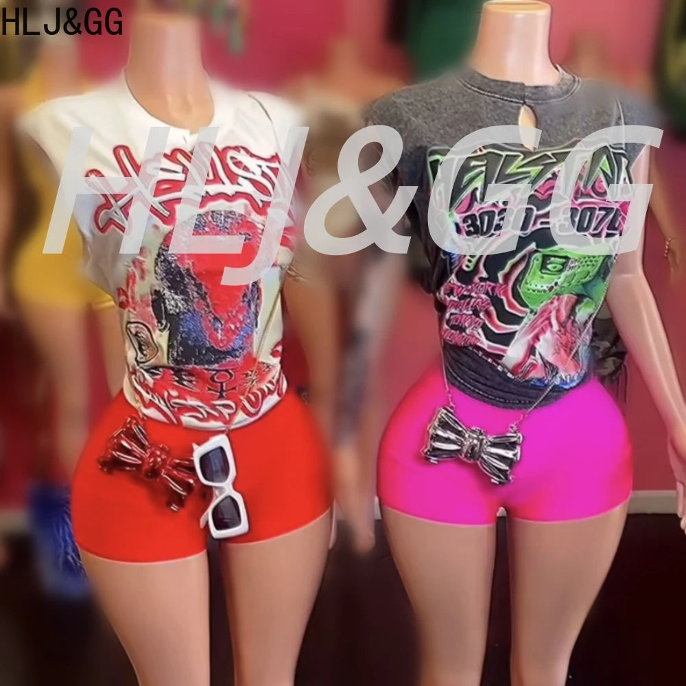 HLJ&GG American Retro Fashion Letter Print Loose Tshirts Two Piece Sets Women O Neck Short Sleeve Top+Shorts Outfits Streetwear