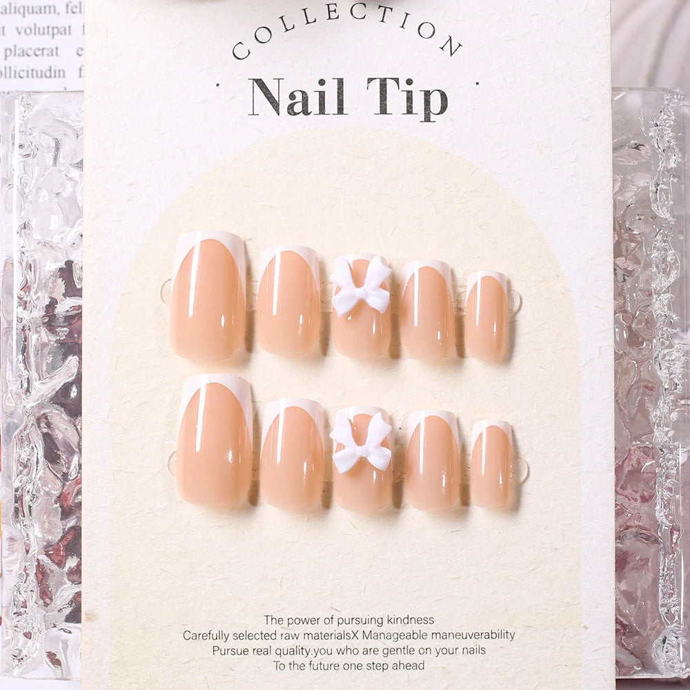 24Pcs White French Press On Nails 3D Bow Design Full Cover Wearable False Nails Short Square Head Ballet Fake Nails For Women