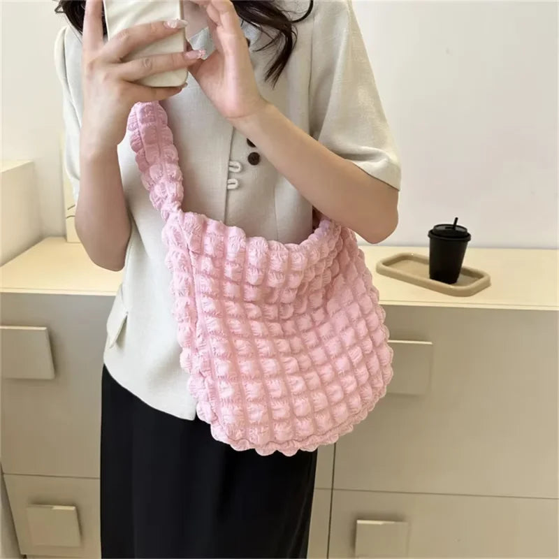 Fashion Pleated Design Shoulder Bag Cute Pleated Bubbles Solid Color Tote Bag Large Capacity Embroidered Satchel Bags Women