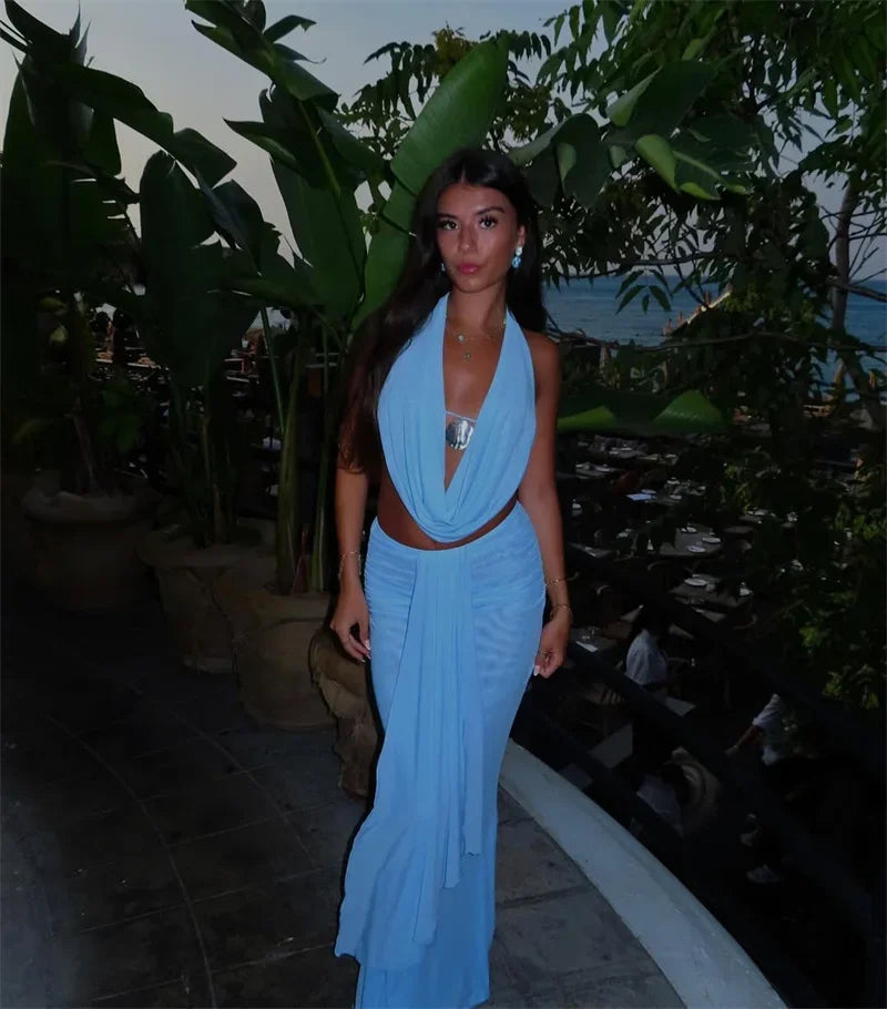 Sexy Dress Set Women Halter Crop Top And Maxi Skirt Matching Sets Female Elegant Beach Club Party Skirt Two Piece Set