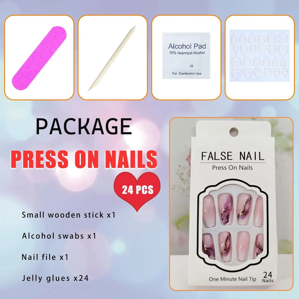 24Pcs Ballet False Nails Long French Press on Nails with Flower Design Wearable Coffin Fake Nail Pink Bow Design Manicure Tips