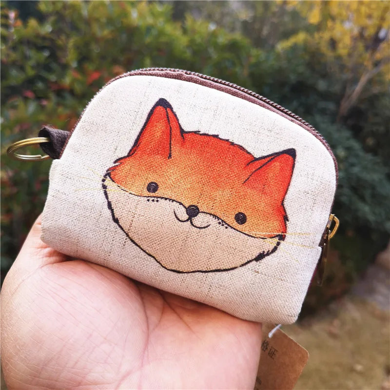 Cute Animal Canvas Coin Purse Short Shell Wallet Women Key Card Bag Kids Cartoon Lionmouse Fox Bear Dinosaur Small Change Purses