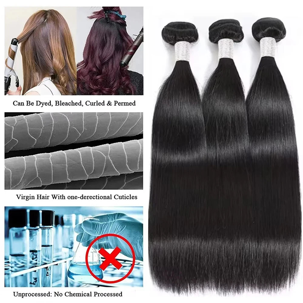 36 38 Inch Straight Bundles Real Human Hair Brazilian Virgin Hair 1 3 4 Pcs Raw Remy Hair Bundles Extensions Natural Black Color
