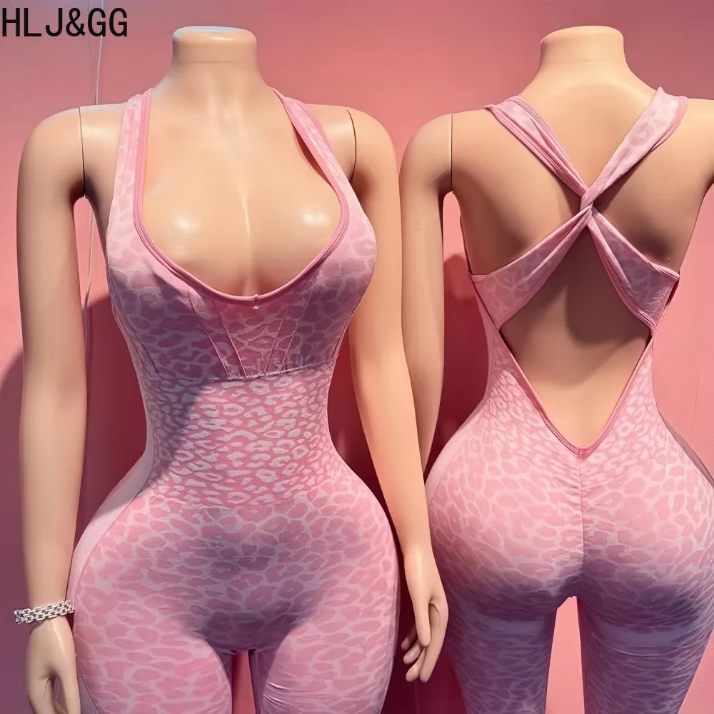 HLJ&GG Spring Sexy Leopard Print Patchwork Bodycon Jumpsuits Women Spaghetti Strap Backless Rompers Female Streetwear Overalls