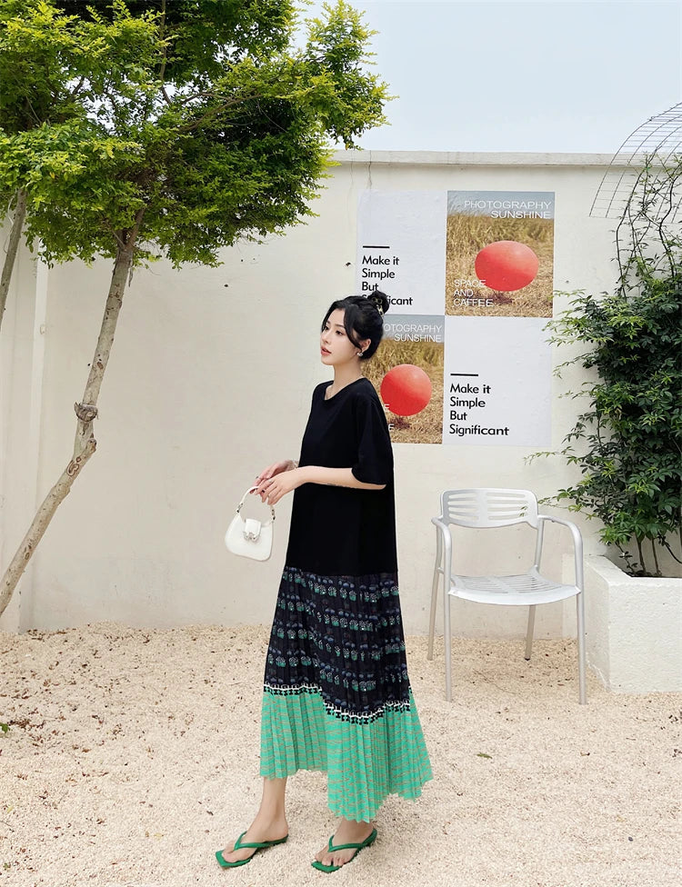 NYFS 2026 Summer New Korean Woman Dress Vestidos Robe Elbise Loose Plus Size Short Sleeve Patchwork Two Fake Pieces Long Dresses