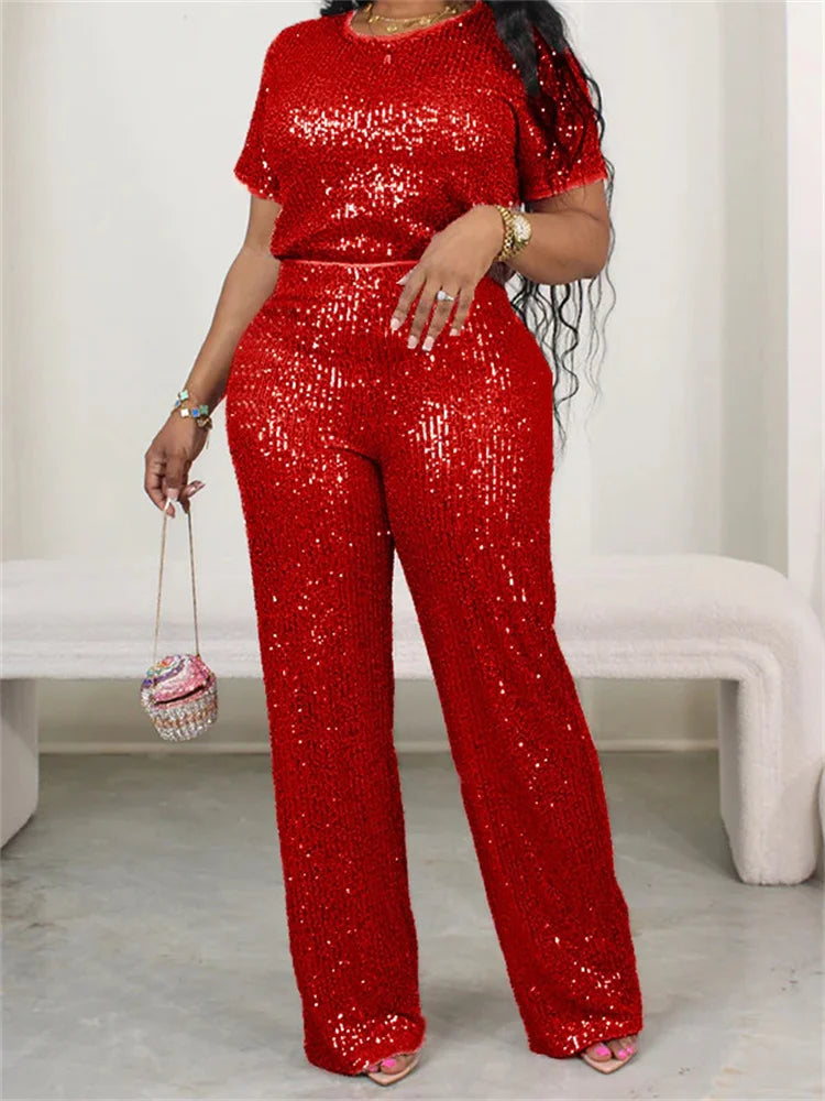 Wmstar Women Two Piece Set Spring Female Casual Shinny Sequin Round Neck Fashion Solid Short Sleeved Tshirt Wide Leg Pants Suit