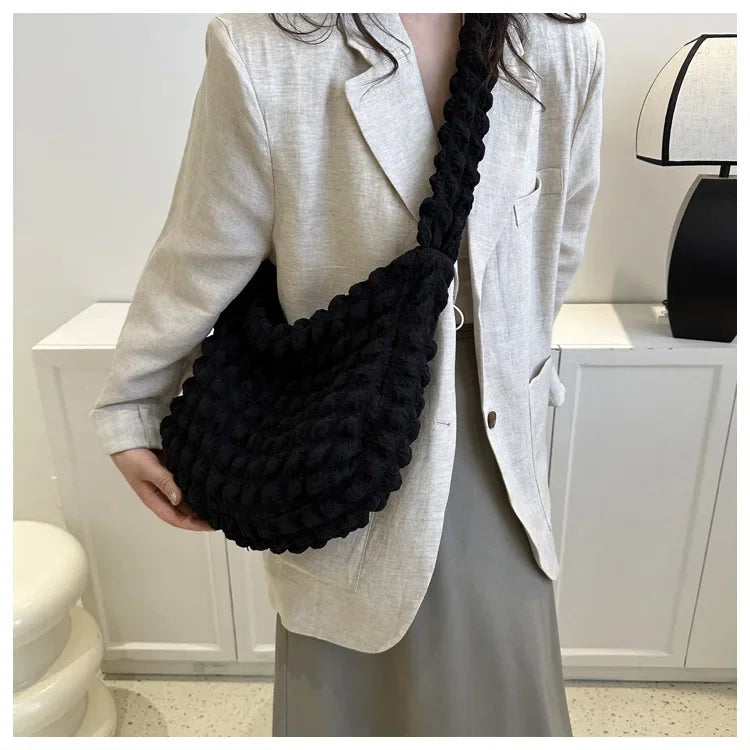 Fashion Pleated Design Shoulder Bag Cute Pleated Bubbles Solid Color Tote Bag Large Capacity Embroidered Satchel Bags Women
