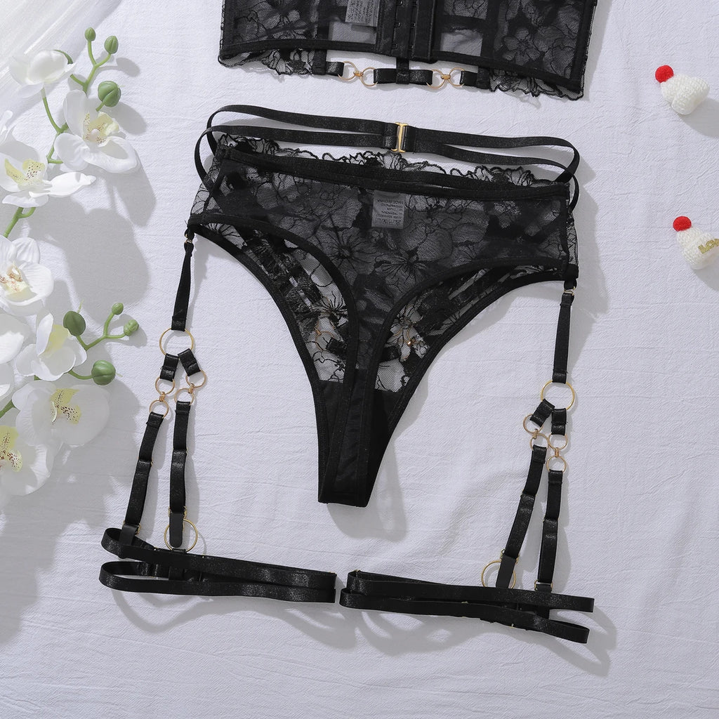 Ladies' Intimate Luxury Embroidered Flower Sexy 4-piece Set Erotic Top Slim Fit Shaping Women's Transparent Underwear Set