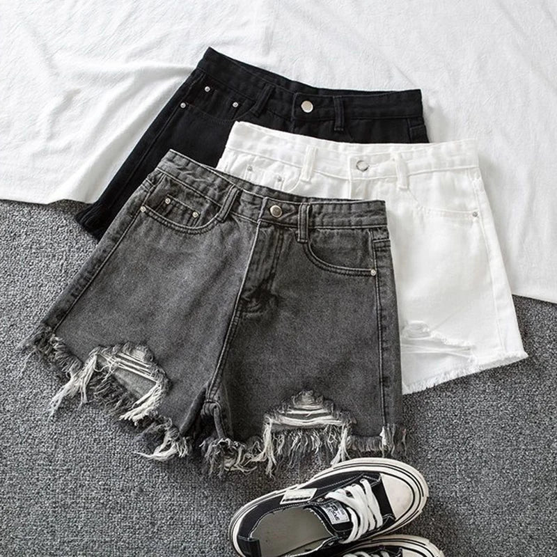 Hole Denim Shorts Women Korean Fashion High Waist Short Jeans Female Summer Slim Streetwear Irregular Wide Leg Shorts Ladies New