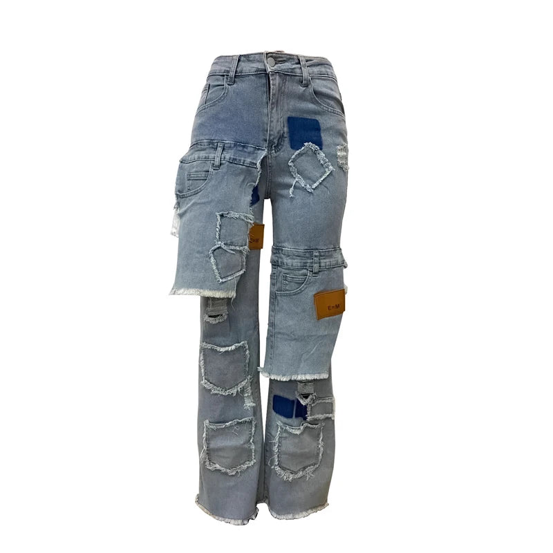 Women's Multi-Poket Patchwork Jeans 2025 New Fashion Streetwear Trend Patch Sexy Distressed Straight Leg Denim Pants Trousers