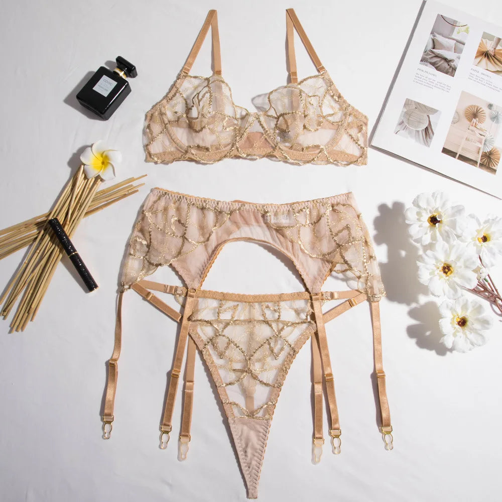 Diccvicc Elegant Lace Lingerie See Through Embroidery Floral Women Underwear 3 Pieces Bra Garter Set Sexy Outfit Intimate Kits