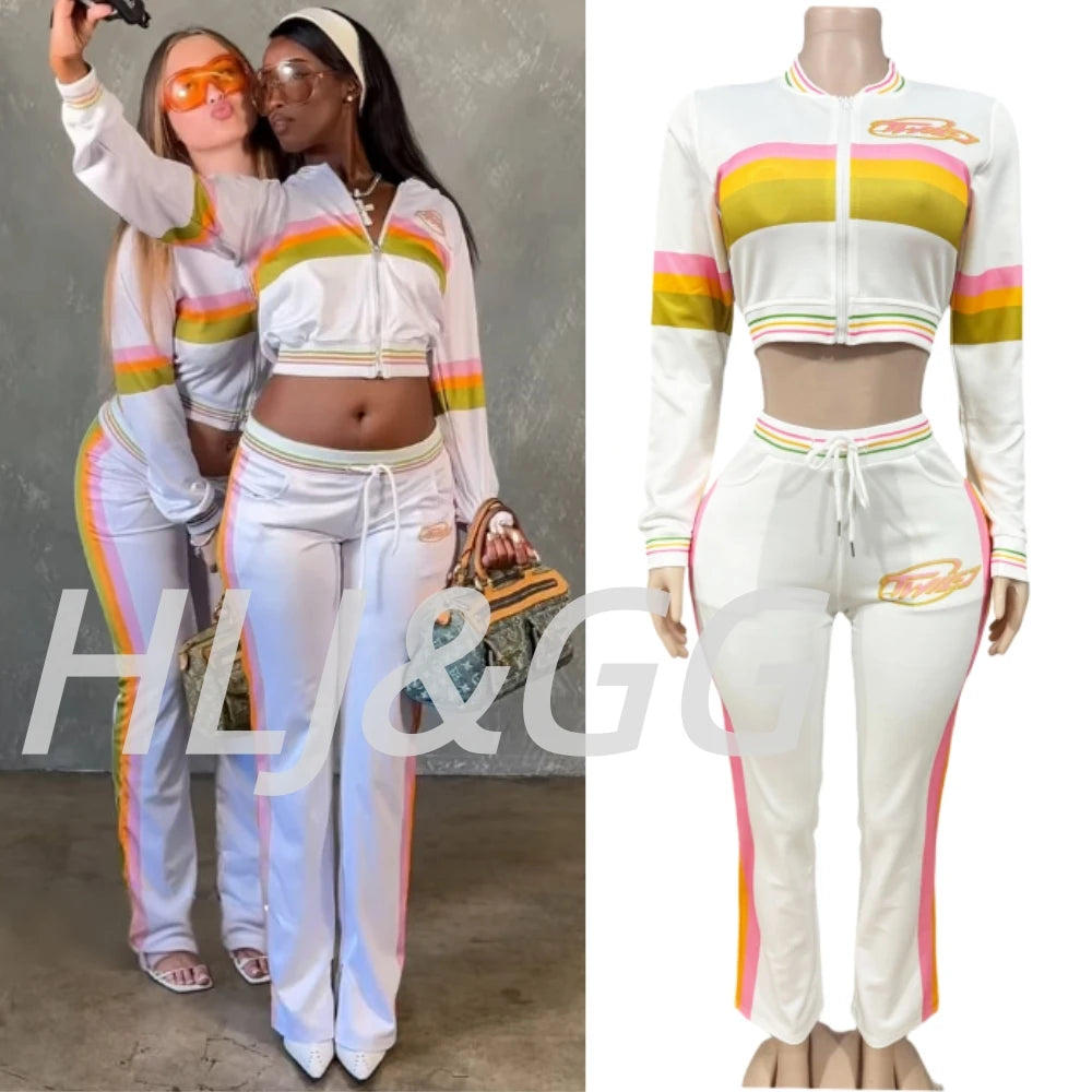 HLJ&GG Fashion Trend Y2K Striped Patchwork Two Piece Sets Women Zip Long Sleeve Crop Top + Shorts Outfits Female 2pcs Streetwear