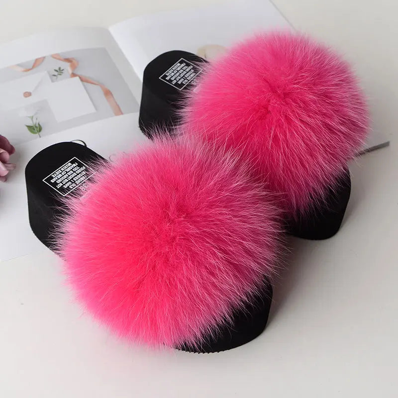 Women Fox Fur Slippers Woman Fashion Sandals Girls Casual Fur Slides 7cm Thick Sole Summer Platform Shoes Modern Slippers Wedges