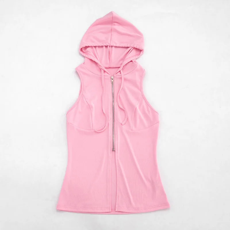 Women Solid Casual 2 Piece Set Tracksuits Zip-up Sleeveless Hooded Tanks Tops + Zippers Bodycon Mini Skirts Streetwear Suits