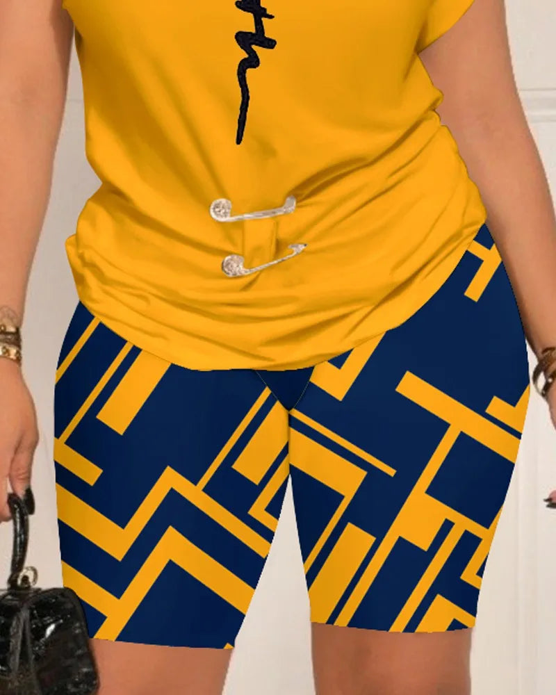 Women Leisure Pin Digital Printing Set O Neck Short Sleeve T-shirt And Shorts 2 Pieces Sets Summer Top + Short Pant 2 PCS Suits