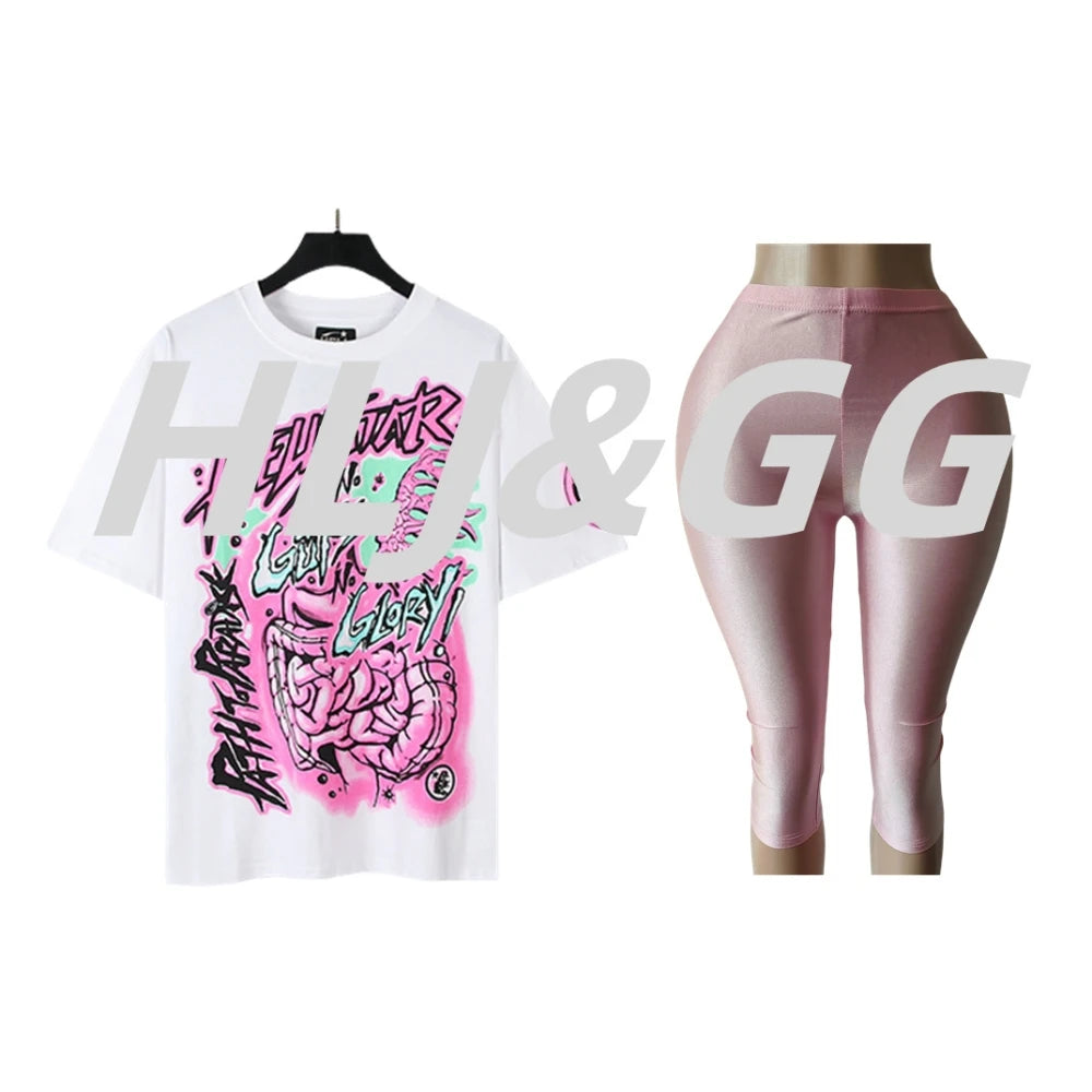 HLJ Trend American Retro Print Tshirts Two Piece Sets Women O Neck Short Sleeve Loose Top+Skinny Pants Outfit Fashion Streetwear