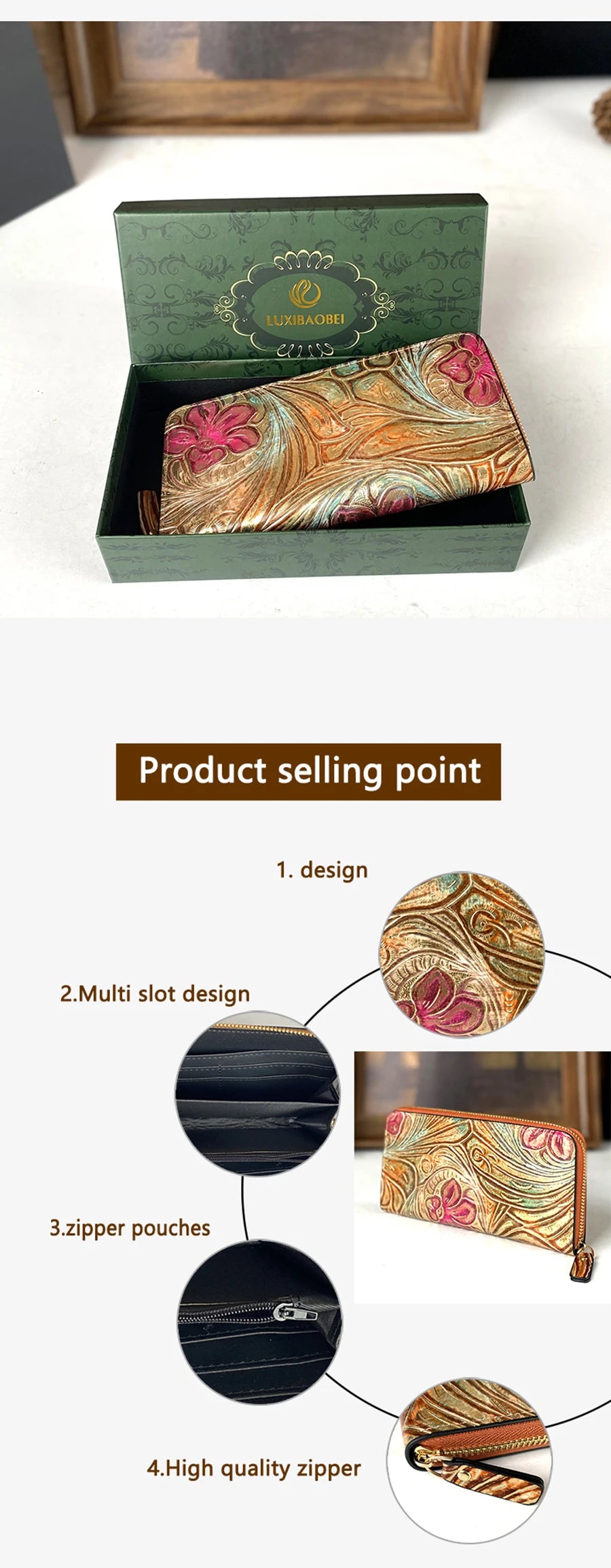 2025 New Retro Fashion Trendy Women's Wallet Gift Box with Carved Multi Card Embossed Zipper Long Wallet