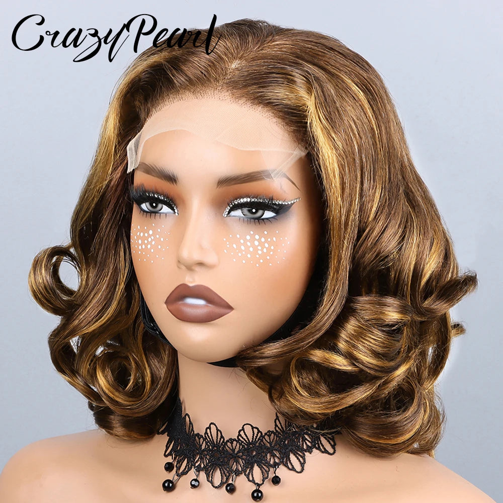 CrazyPearl P4/27 Highlight 5X5 Lace Closure Wigs Human Hair Bob Wigs Ombre Brown Blonde Body Loose Wave 16Inch Wigs For Woman