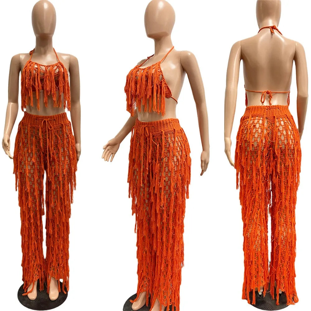 FAGADOER Sexy Hollow Out Tassels Pants Two Piece Sets Women Halter Sleeveless Backless Crop Top + Pants Outfit Female Streetwear