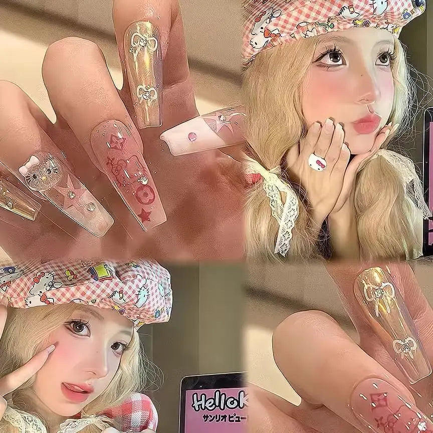 Y2k Girls Hello Kitty Cat Wearing Nails Cute Nail Art Pink Tone Anime Ins Fake Nail Patches Cartoon Kawaii  Kt Cat Women Diy