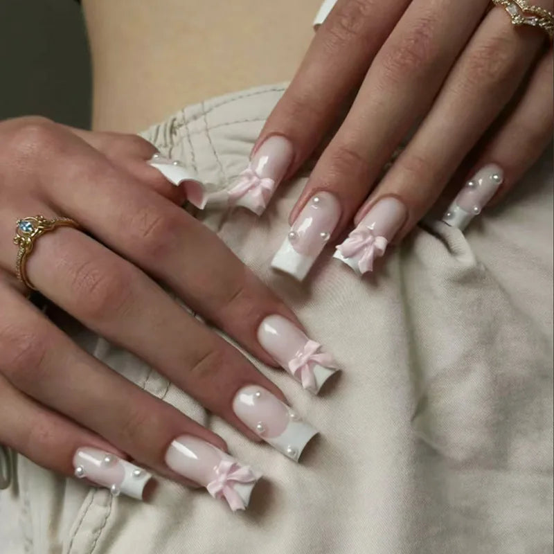 24Pcs Ballet False Nails Long French Press on Nails with Flower Design Wearable Coffin Fake Nail Pink Bow Design Manicure Tips