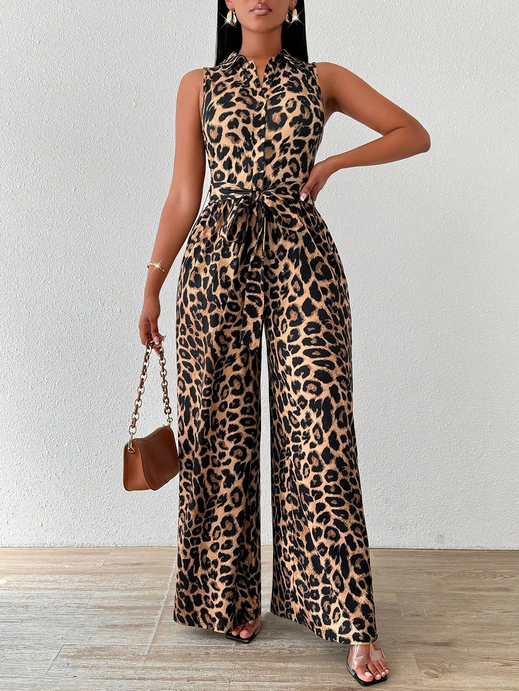 Women's Leopard Print Sleeveless Jumpsuit Collared Button Front Tie Waist Wide Leg Spring Summer Fashion Casual Daily Jumpsuit