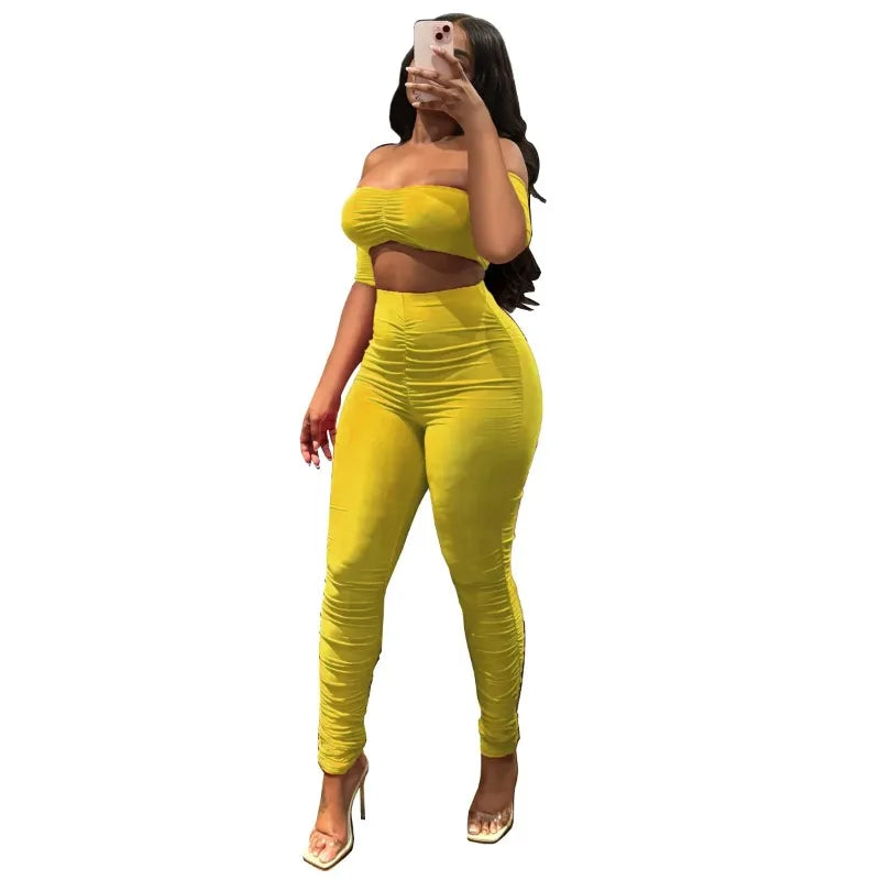 Fitness Women's Set Ruched Stacked Off Shoulder Crop Top and Legging Pants 2025 Summer Two 2 Piece Sets Outfit Tracksuit