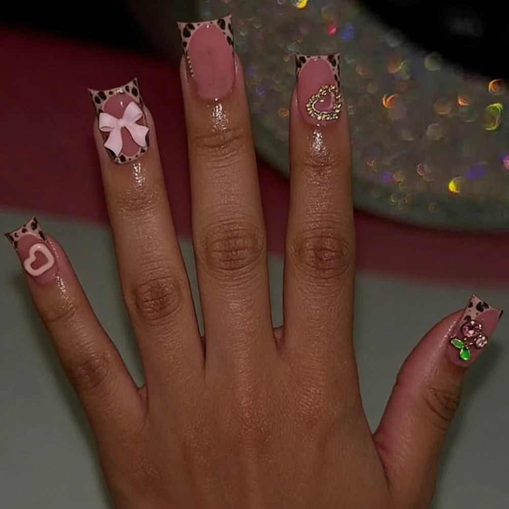 24pcs Short Square Leopard French Press On Nails y2k Nude Pink False Nails With 3D Cherry Crystal/Butterfly/Bow Charms Fake Nail