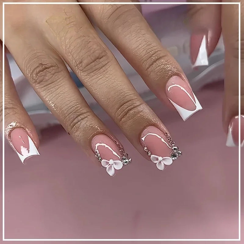 24Pcs White Fake Nails Press on Nails French Pink Bow Design Gentle Flower Acrylic False Nail with Jelly Glue Wearable Manicure