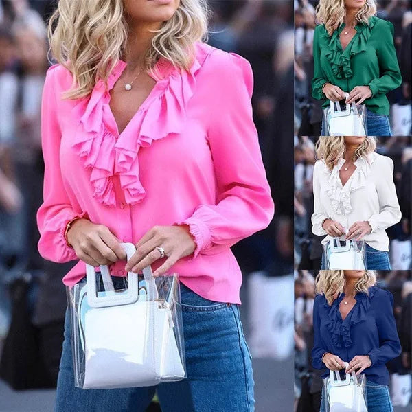 New Spring and Autumn Women's Chiffon Shirt Wood Ears V-neck White Top Buttons Green Office Fashion Versatile Blouses for Female