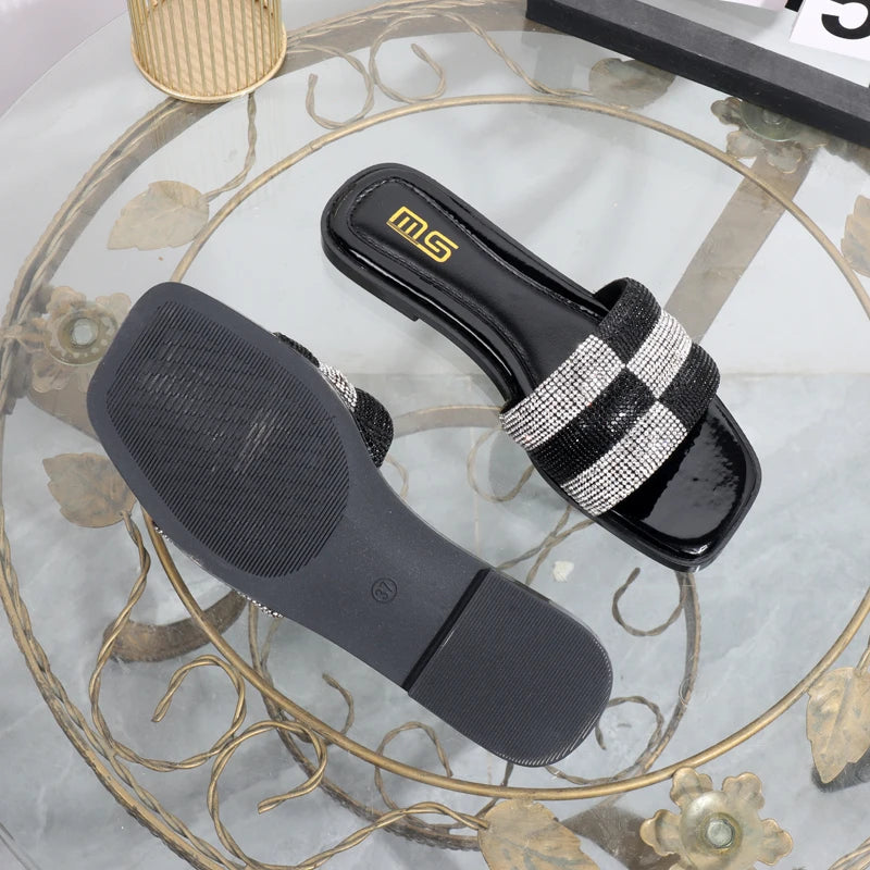 luxurious slippers 2025 rhinestone square toe fashion wear sandals  elegant flat bottom women's slippers black ladies shoes