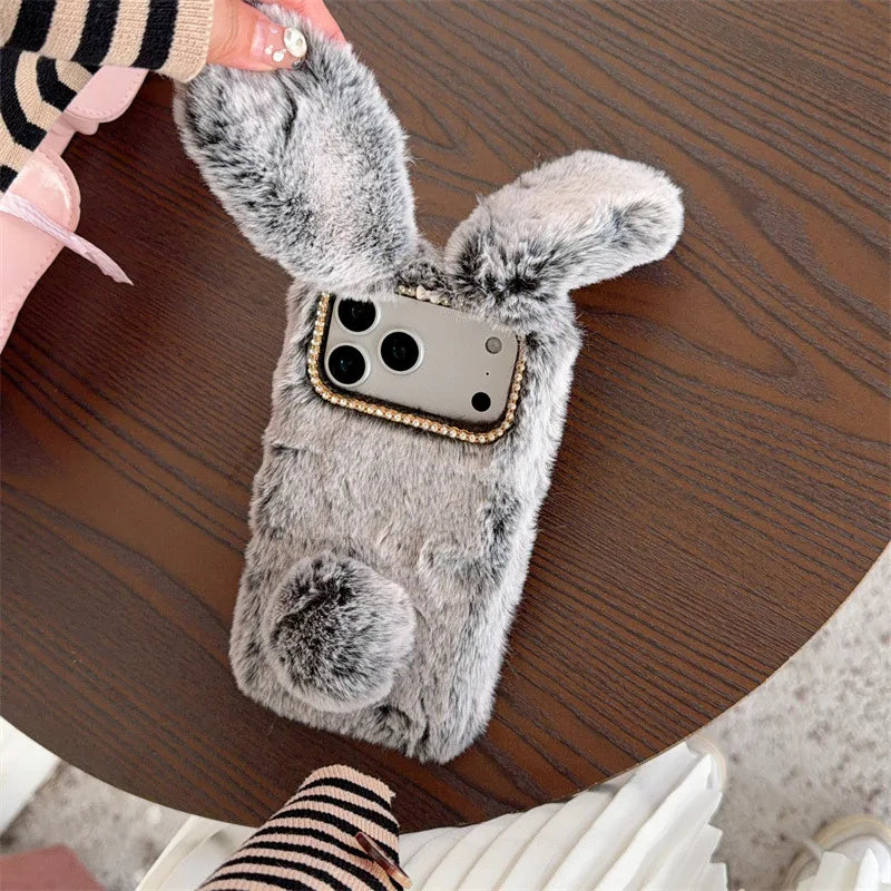 3D Cute Rabbit Ears Warm Furry Plush Bunny Phone Case For iPhone 17 Air 16 15 14 13 12 11 Pro Max XS XR X Plus Shockproof Cover