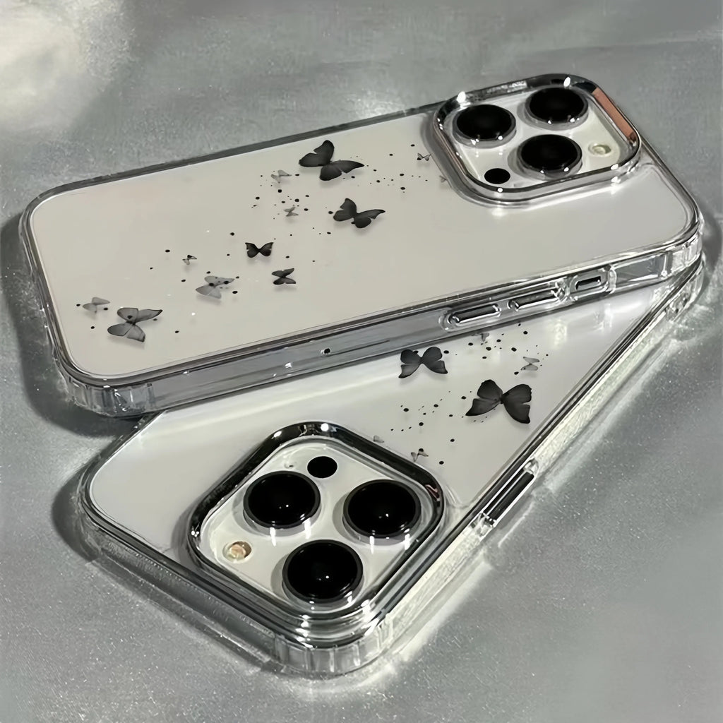 Elegant Black Butterfly Metal Frame Transparent Phone Case For iPhone 17 16 15 14 13 12 11 Pro Max Plus Air 16E Soft Clear Cover
