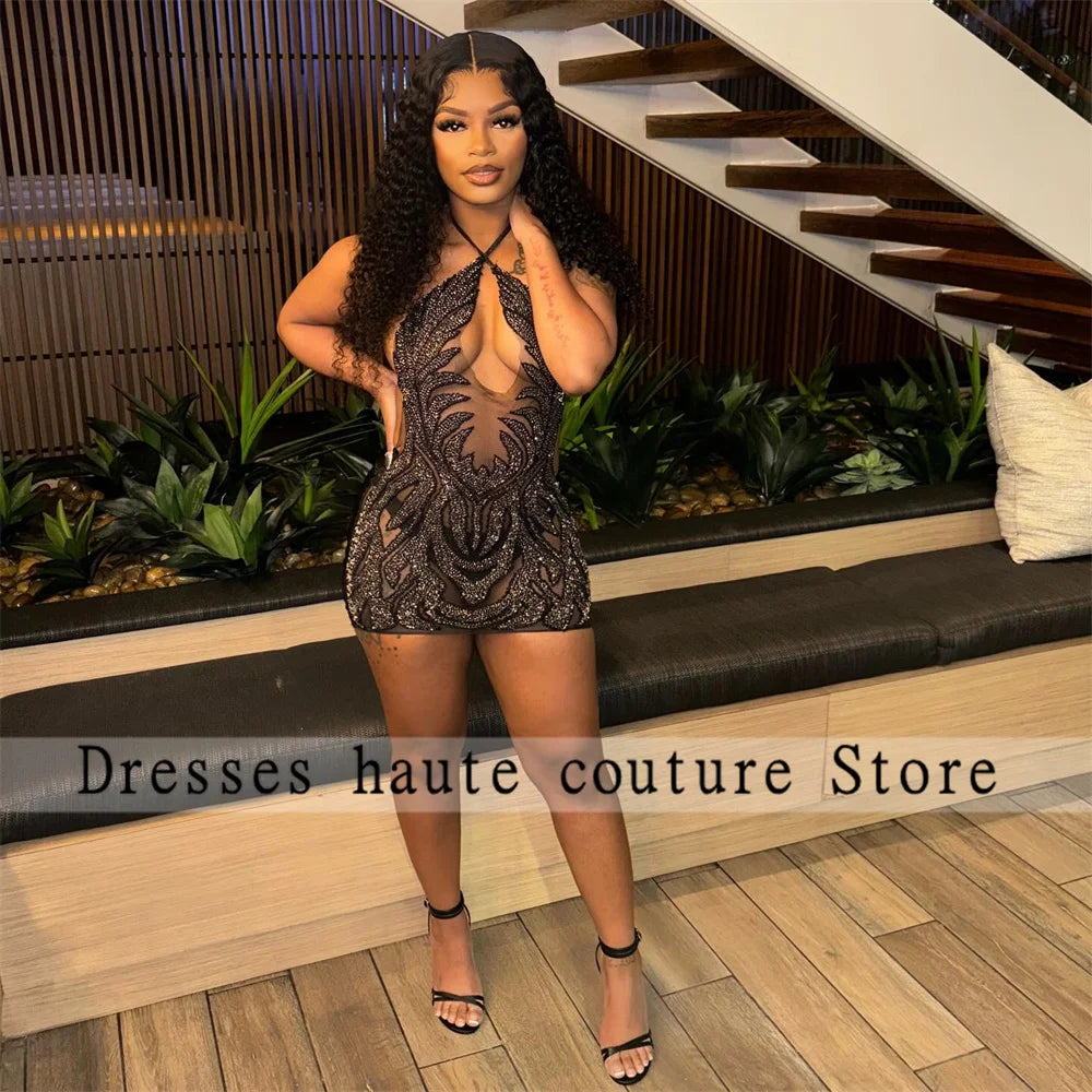 Black Diamonds Short Prom Dresses Black Girl 2025 Customized Rhinestones Crystal Birthday Party Gowns Cocktail Homecoming Dress