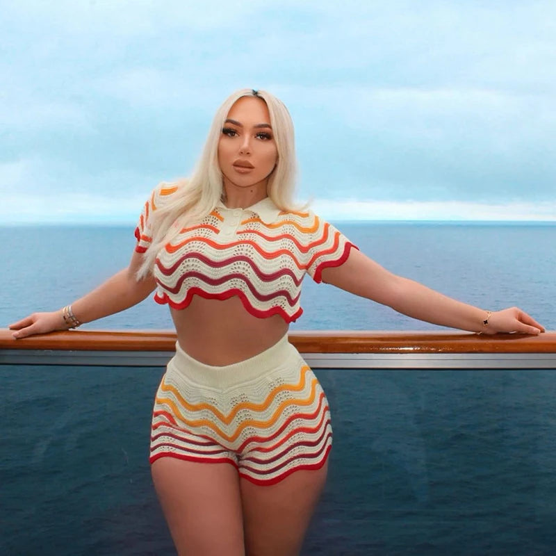 Women Wave Print 2 Piece Set Colorful Knit Stretch Thin Button Crop Tops+Shorts Matching Tracksuit Streetwear Outfits